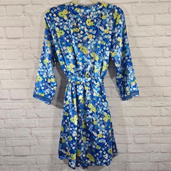 L Oscar De La Renta Pink Label VTG Blue Floral Slip & Robe Set Sze L Satin Bloom - Picture 6 of 16